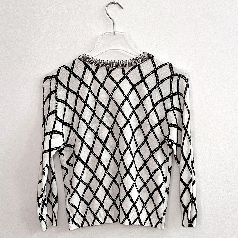 Tracy Reese NY Glam Beaded Diamond Rhinestone Cotton Cardigan White Black S - Picture 2 of 5